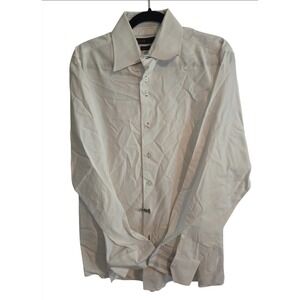 Brio Mens Large 16.5 17 Dress Shirt Off White Cream Cotton Striped Trim...